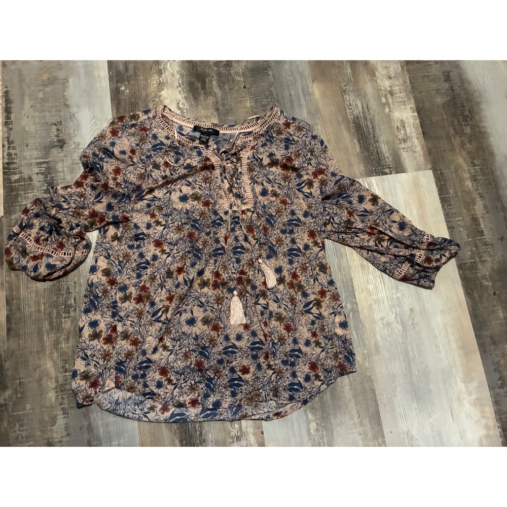 Style & Co Womens Floral Lace Up Peasant Top Blue Rust Tassel Boho Blouse L